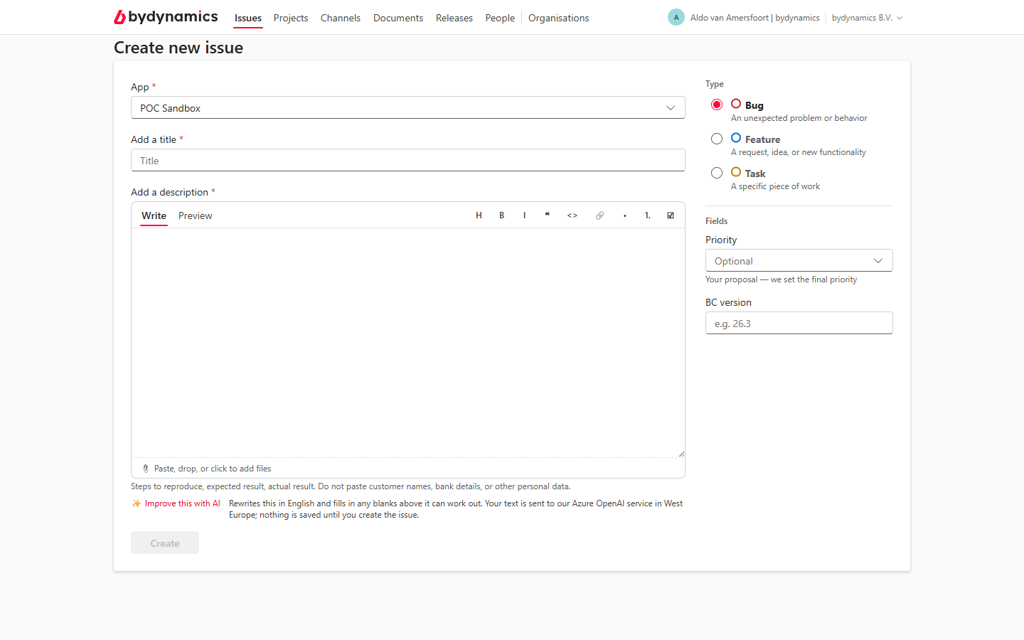 The new-issue form